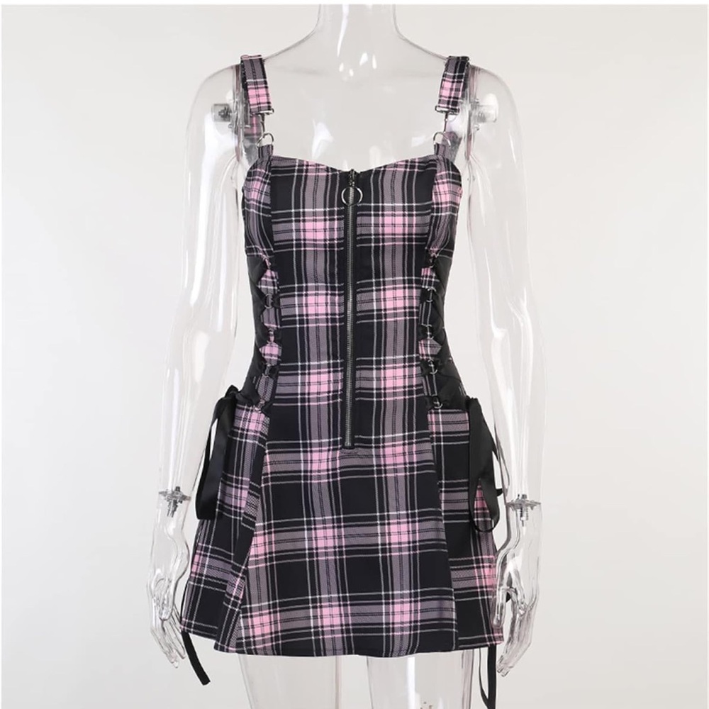 Black and Pink Plaid Lace-Up Mini Dress - Picture 7 of 9